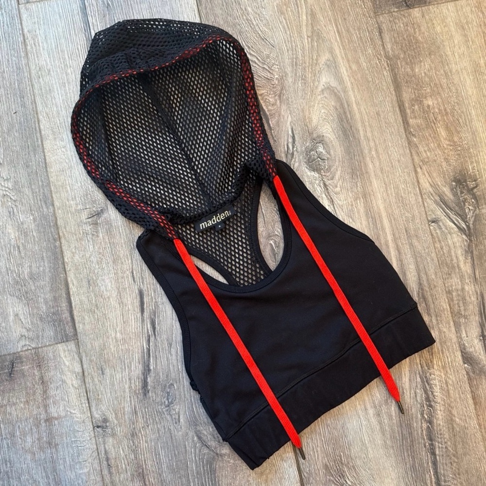 Madden NYC Fishnet Hood Sports Bra, Black Mesh Athleisure Gym to Street Style, S